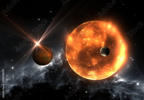 Fototapeta Naklejka Na Ścianę i Meble -  Extrasolar planets or exoplanets and red dwarf or red supergiant. 3D illustration