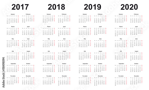 Kalender 2017, 2018, 2019, 2020, Vorlage, einfaches Design