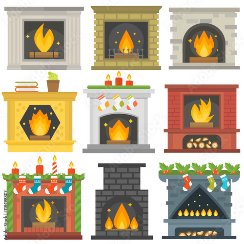 Set of vector fireplace icons and fireplace design. Fireplace house room warm christmas silhouette. Fireplace flame bright decoration coal furnace. Comfortable warmth fireplace collection.