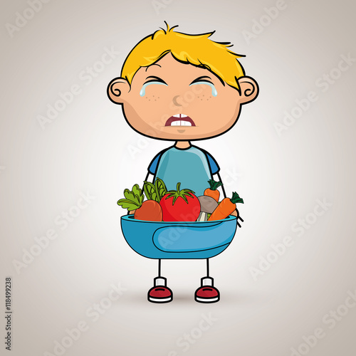 boy cry plate vegetables vector illustration graphic