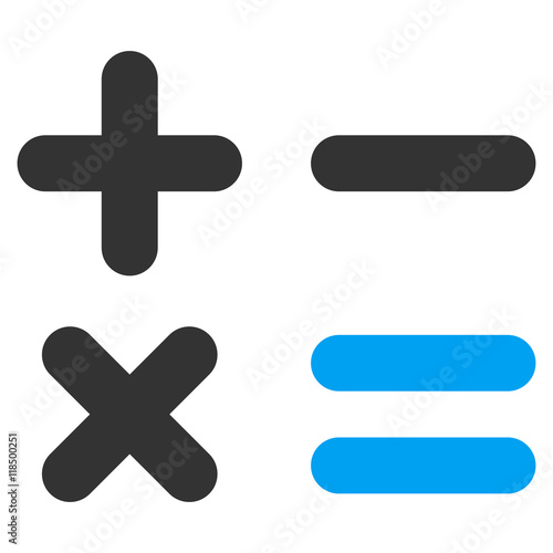 Calculator icon. Vector style is bicolor flat iconic symbol with rounded angles, blue and gray colors, white background.