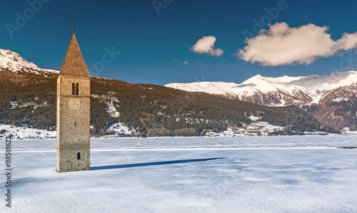 Winter scene at Lake Reschen with sunken steeple. © mmphoto