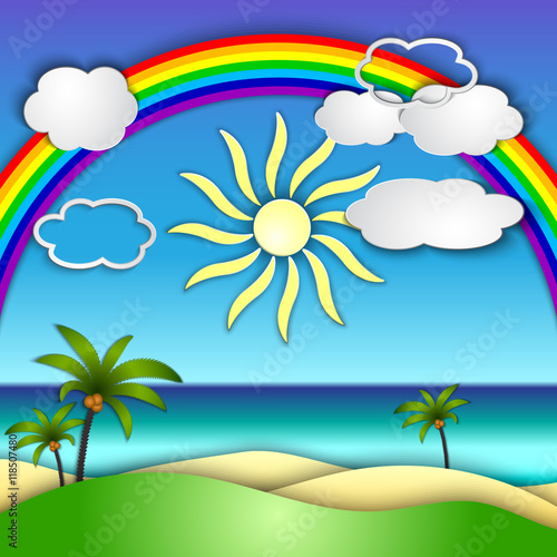Vector abstract paper collage with sun, sea, beach, rainbow and palm trees