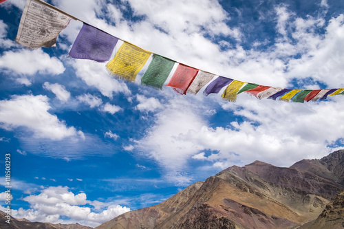 Konstfotografi Buddhist prayer flags the holy traditional flag with blue sky on background in India