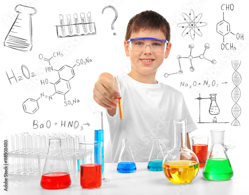 Student with test tubes on white background. Chemical research in laboratory. Education concept.