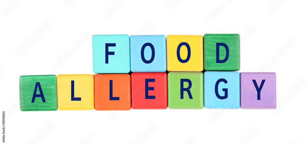 Allergy danger concept. Colorful blocks with text food allergy on white background.