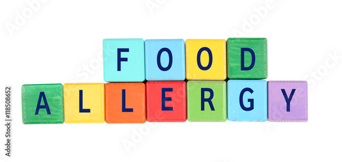 Allergy danger concept. Colorful blocks with text food allergy on white background.