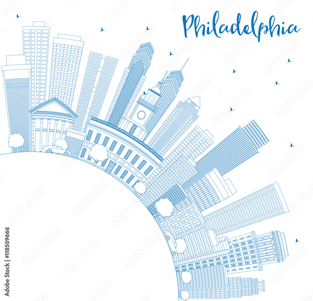 Outline Philadelphia Skyline with Blue Buildings and Copy Space.