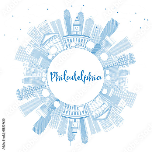 Outline Philadelphia Skyline with Blue Buildings and Copy Space.