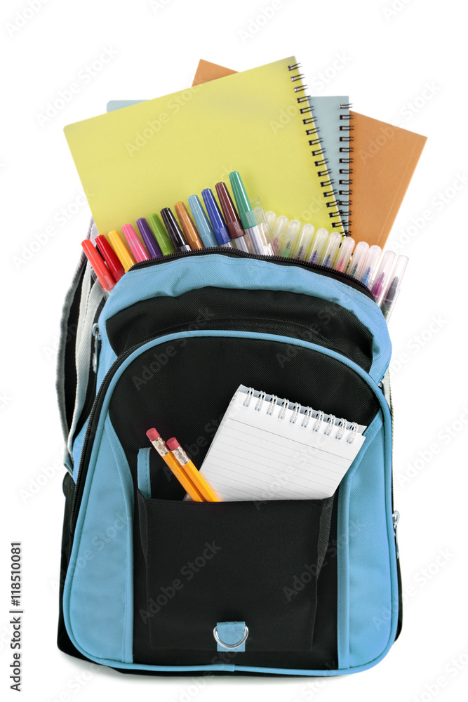 One single school bag or backpack filled with book crayon felt pen and  notebook for study or homework isolated on white background photo Stock  Photo | Adobe Stock
