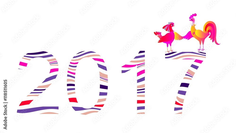 Obraz premium Rooster and hen - greeting card with chinese symbol of new year on lettering 2017. Vector illustration.