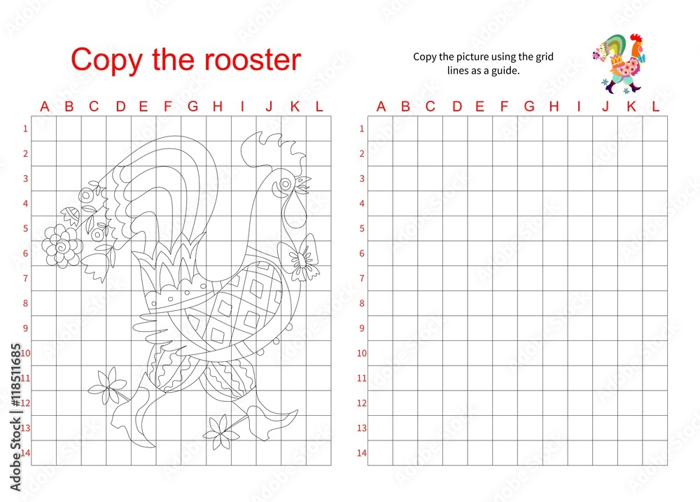 Grid copy puzzle - the picture of fairy rooster. Educational game for children. Vector illustration.