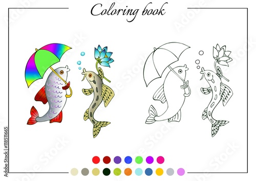 Coloring book with two talking fish with umbrella and with flower. Cartoon vector illustration for children education.