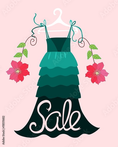 Woman dress and flowers. Shopping sale. Fashion vector illustration.