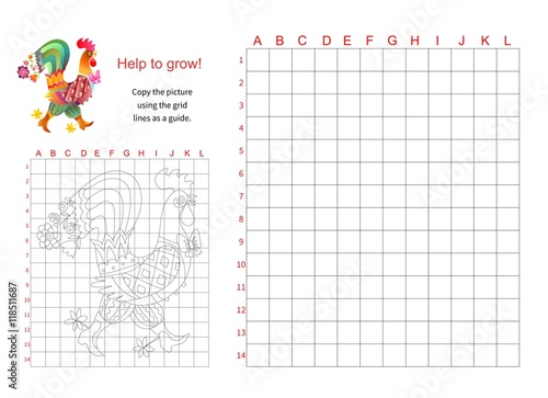 Educational game for children - Help the fairy rooster to grow - copy the picture using the grid. Vector illustration.