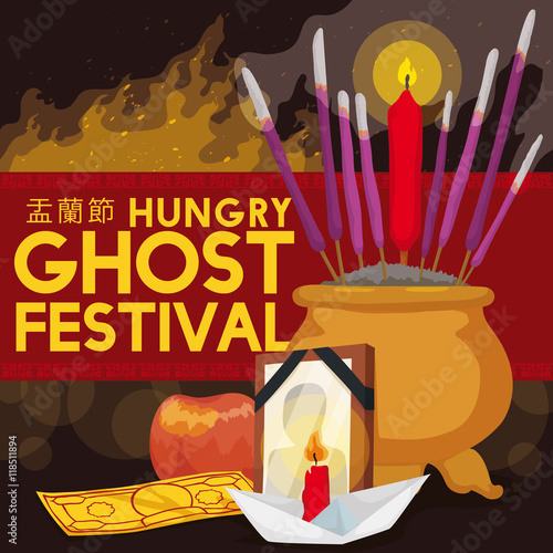 Night Celebration of Hungry Ghost Festival with Traditional Offerings, Vector Illustration photo