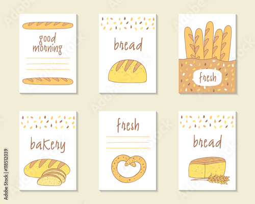 Cute doodle food cards, brochures, tags with bread