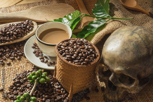still life photography, coffee beans with skull