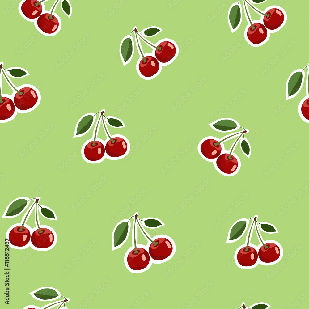 Pattern of red small cherry stickers same sizes with leaves on light green background Pattern of red small cherry stickers same sizes with leaves on light green background