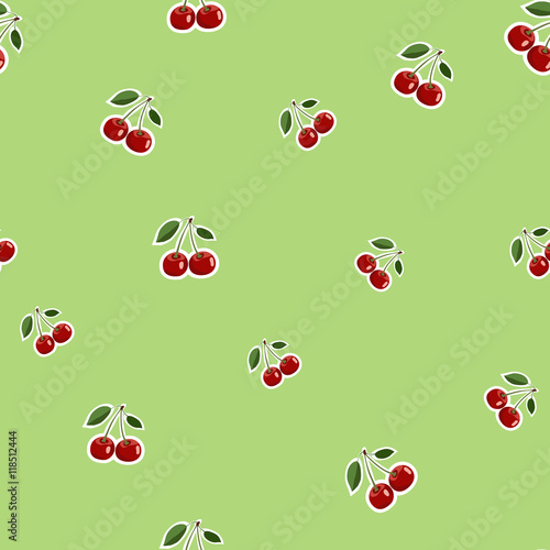 Fototapeta Naklejka Na Ścianę i Meble -  Pattern of red small cherry stickers different sizes with leaves on light green background