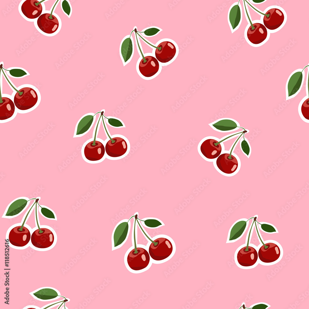 Pattern of red small cherry stickers same sizes with leaves on pink background Pattern of red small cherry stickers same sizes with leaves on pink background