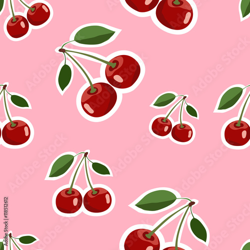 Pattern of red big cherry stickers different sizes with leaves on pink background