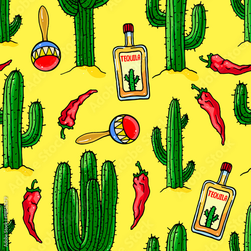 seamless colorful cactuses and tequila