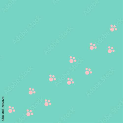 Dog cat paw print track diagonal. Pink footprint set. Blue background. Isolated. Flat design.