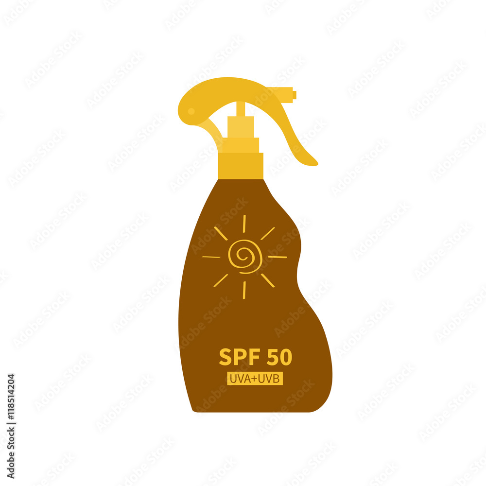 Tube of sunscreen suntan cream. Sun lotion. Bottle dispenser spray. Solar defence. Spiral sun sign symbol icon. SPF 50 sun protection factor. UVA UVB sunscreen. Isolated. White background. Flat