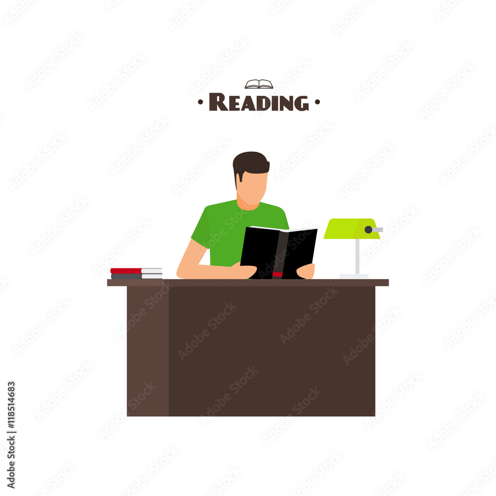 Reading books flat style concept with man. Vector illustration Reading books flat style concept with man. Vector illustration