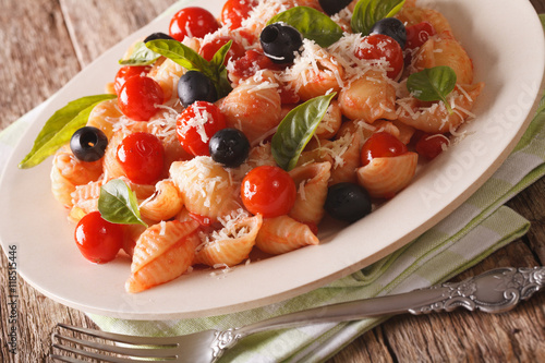Italian cuisine: Conchiglie pasta with tomatoes, olives and parmesan close-up. horizontal 