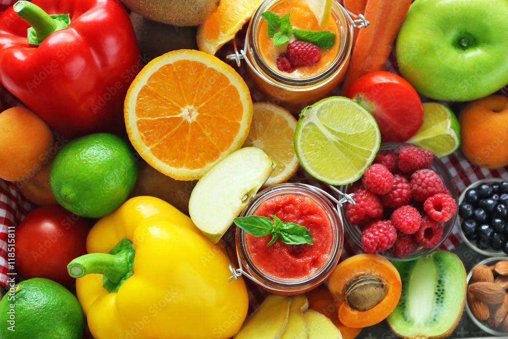Tasty smoothie drink with vegetables and fruits, closeup Tasty smoothie drink with vegetables and fruits, closeup