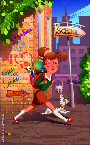 the schoolgirl hurries in school