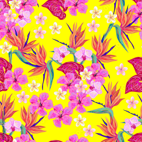 Seamless summer tropical pattern with exotic flowers background. Perfect for wallpapers, pattern fills, web page backgrounds, surface textures, textile