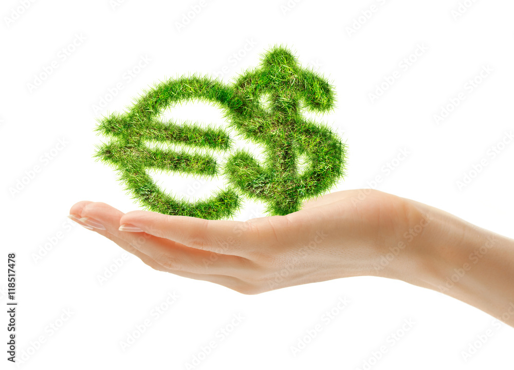 Female hand holding euro and dollar signs Female hand holding euro and dollar signs