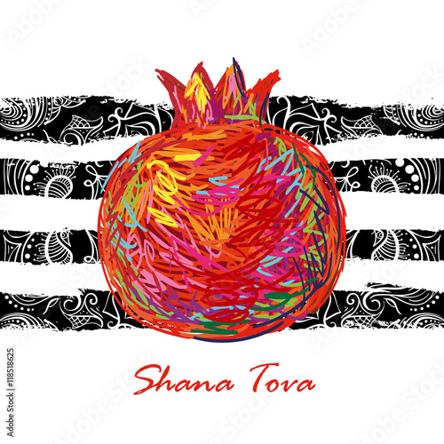 Greeting card wiyh symbol of Rosh Hashanah (pomegranate). Jewish new year celebration design. Happy Shana Tova. Happy New Year in Israel