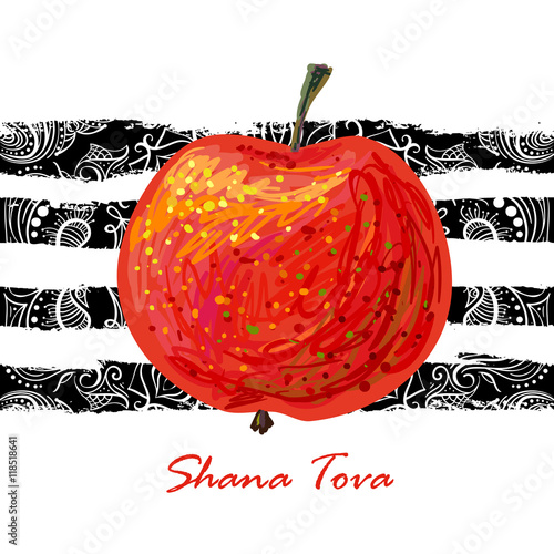 Greeting card wiyh symbol of Rosh Hashanah (red apple). Jewish new year celebration design. Happy Shana Tova. Happy New Year in Israel