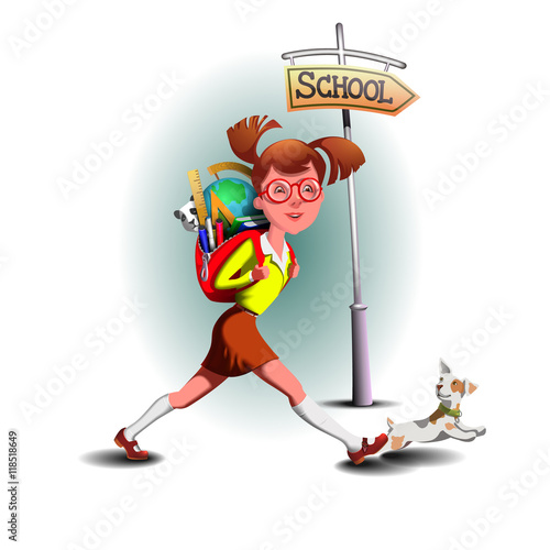 Schoolgirl. the cheerful girl hurries in school she has a school bag. The bag is full school supplies.