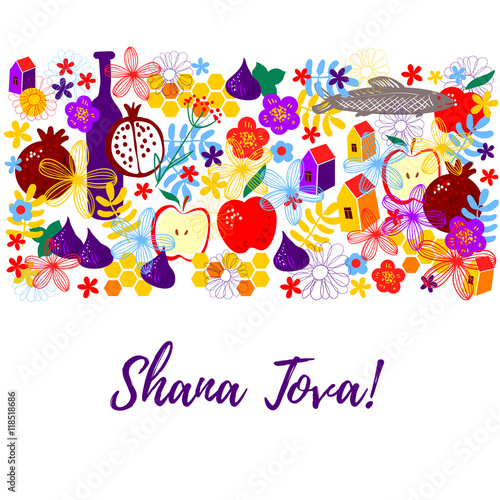 Greeting card wiyh symbols of Rosh Hashanah: apple, fig, pomegranate, wine bottle, honey comb, flowers, fish, house. Jewish new year celebration design. Happy Shana Tova. Happy New Year in Israel