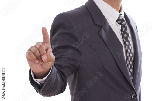 Businessman hand pushing screen on white background with using path 