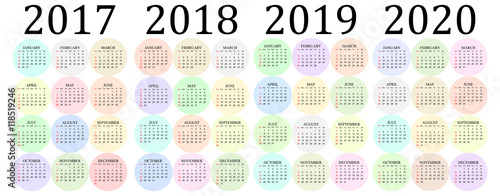 Four year vector calendar - 2017, 2018, 2019 and 2020