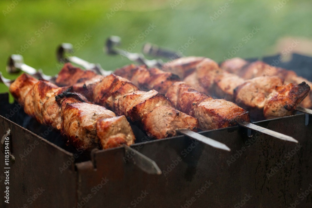 Bar-B-Q or BBQ. Delicious barbecued or grilled meat kebabs