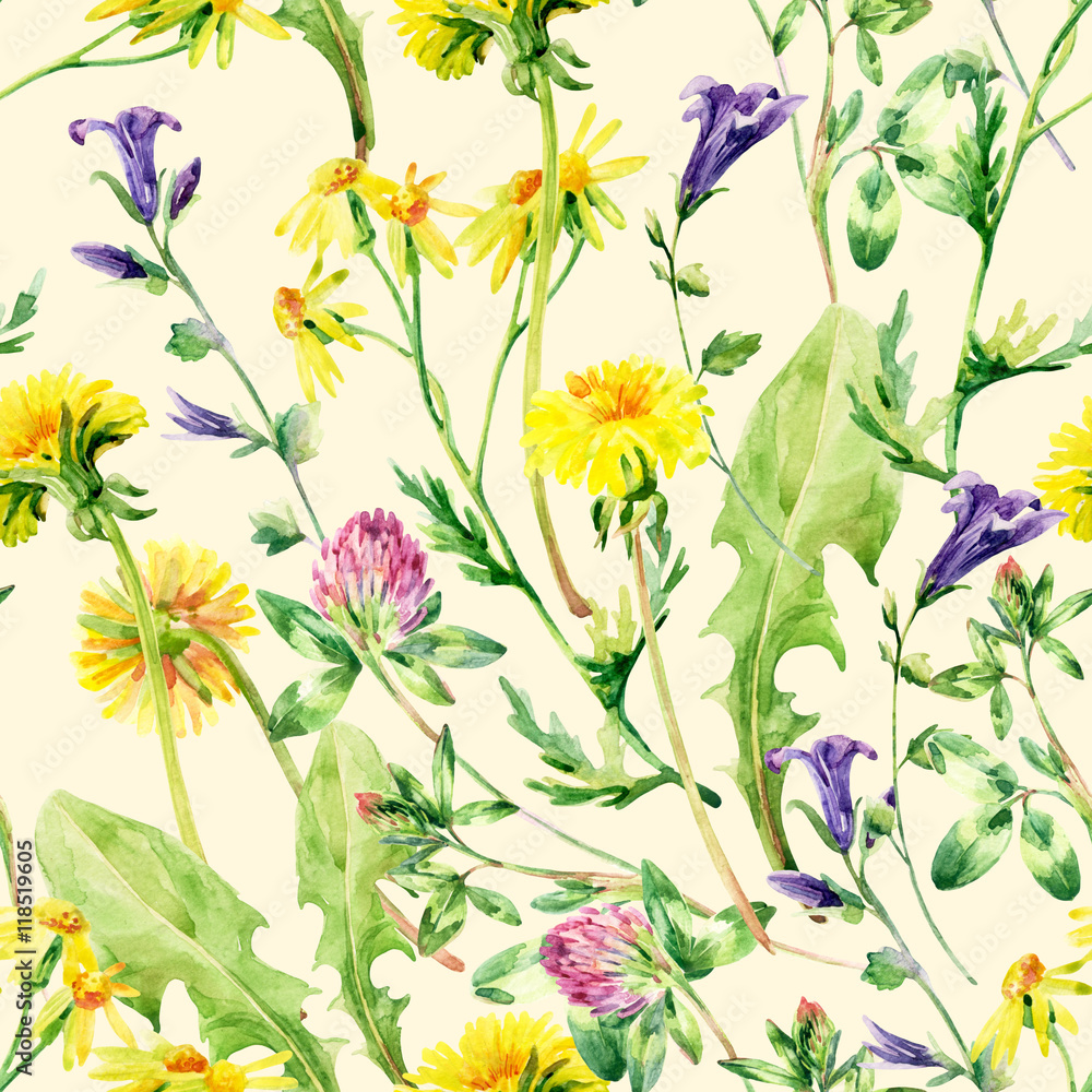Fototapeta premium Meadow watercolor wild flowers seamless pattern