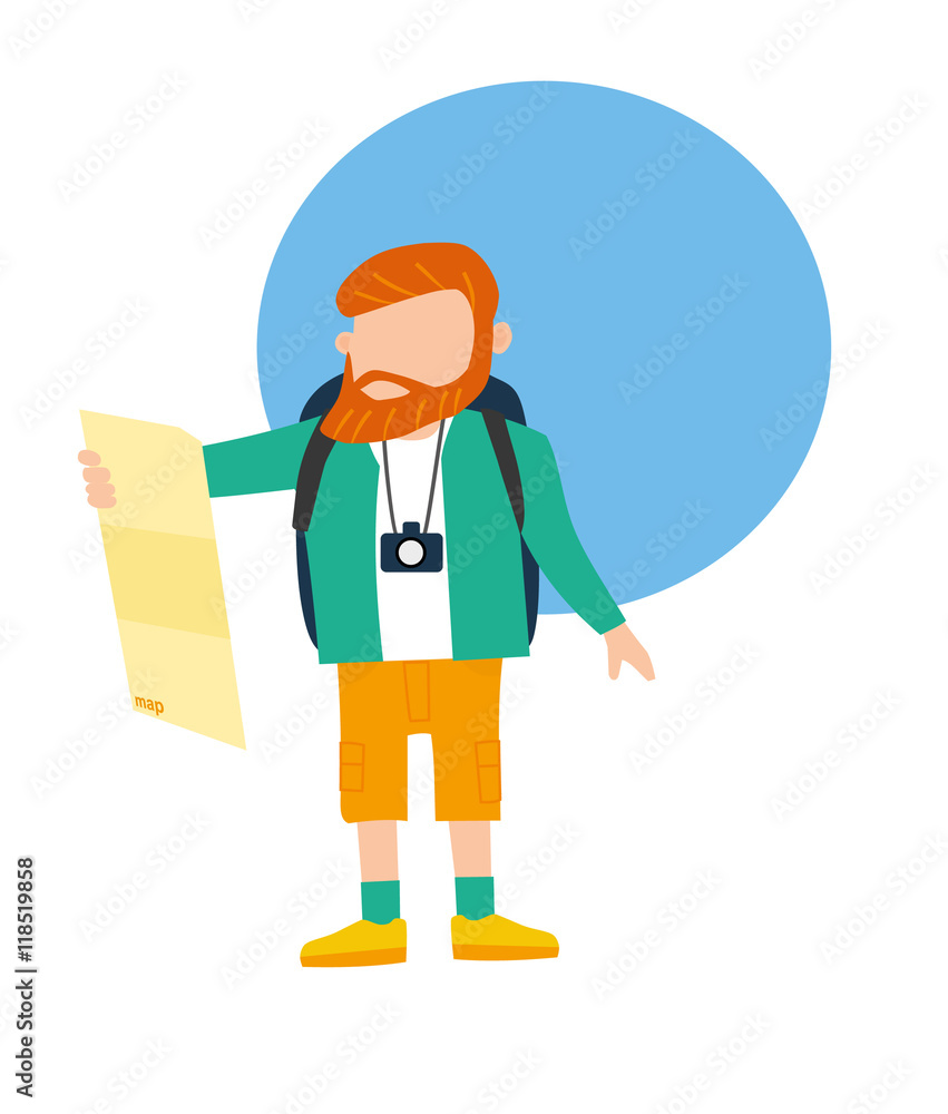 Tourist travel character with camera, tourists looking at map Vector illustration. Flat