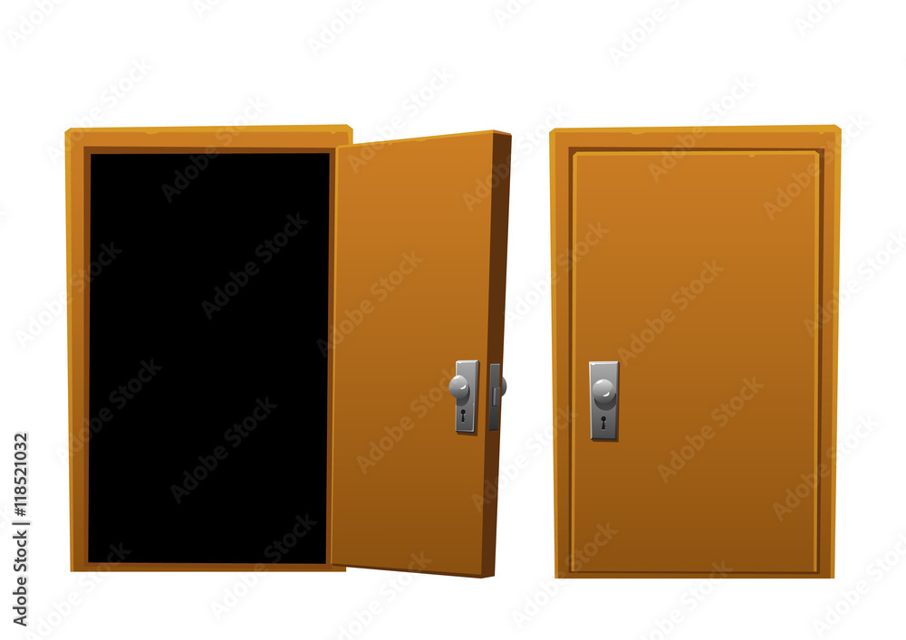 bright cartoon brown wooden door open and closed bright cartoon brown wooden door open and closed