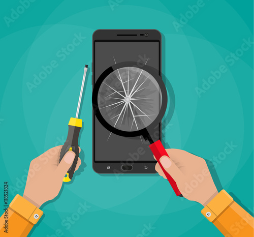 Hands, phone with broken screen, screwdriver