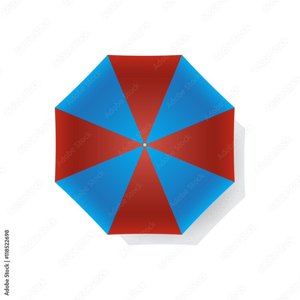 Top view of red and blue beach umbrella isolated on white background. Vector illustration.