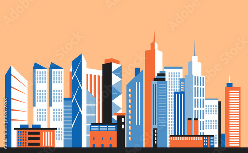 City downtown landscape. Skyscrapers in the town. Flat vector illustration.