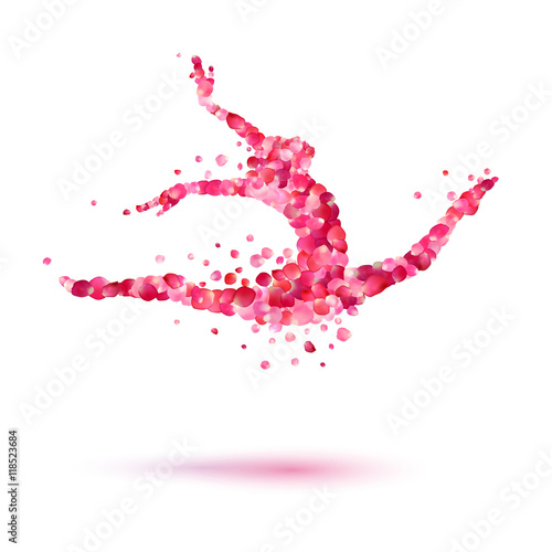 Ballerina (girl gymnast) silhouette of pink rose petals