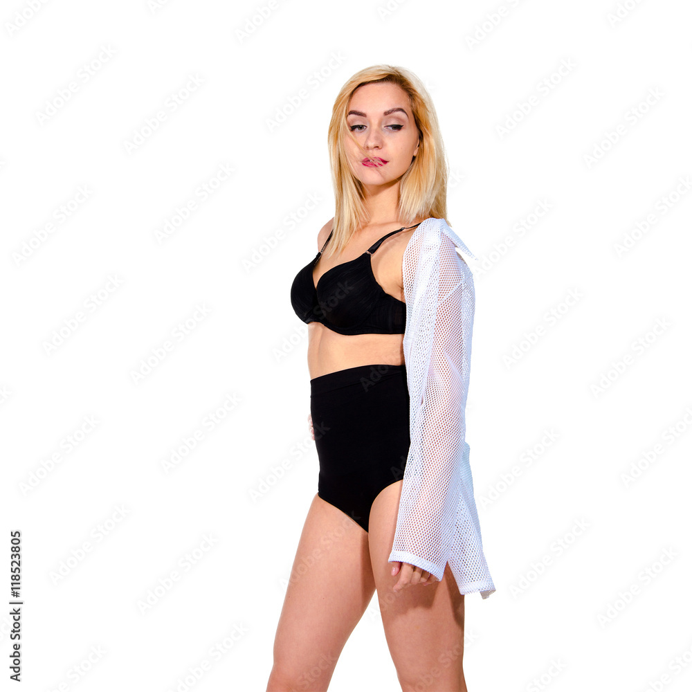 portrait of blonde woman in black sports underwear portrait of blonde woman in black sports underwear